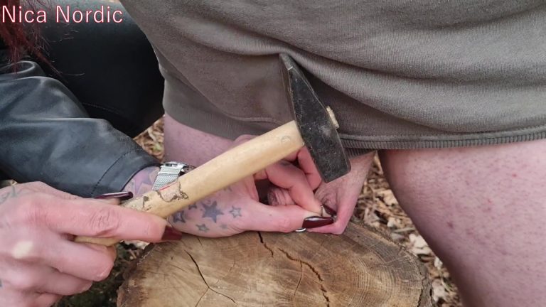 slave is nailed outdoors by mistress in wellies