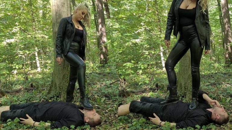 Goddess Samariel boot cleaning and trampling in the woods